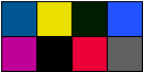 Ein 4:2-Block von decodierten Pixeln nach einem 4:4:4-Decoderbetrieb, der die vier in jeder Zeile der Chroma-Matrix enthaltenen Proben auf die entsprechenden Zeilen im Luminanzdatenblock anwendet. Die Farben der Proben werden dunkler, wenn sie auf Grauschattierungen angewendet werden, schwarz, wenn sie auf solidem Schwarz angewendet werden, und bleiben unverändert, wenn sie auf Weiß angewendet werden.