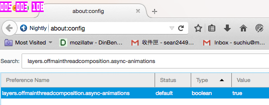 Das Eingeben des Suchbegriffs filtert die Optionen. Nur die layers.offmainthreadcomposition.async-animations Präferenz wird angezeigt und ist auf true gesetzt. Die drei Zahlen in der oberen linken Ecke des Browsers, über seiner Benutzeroberfläche, haben sich auf 005, 003 und 108 erhöht.