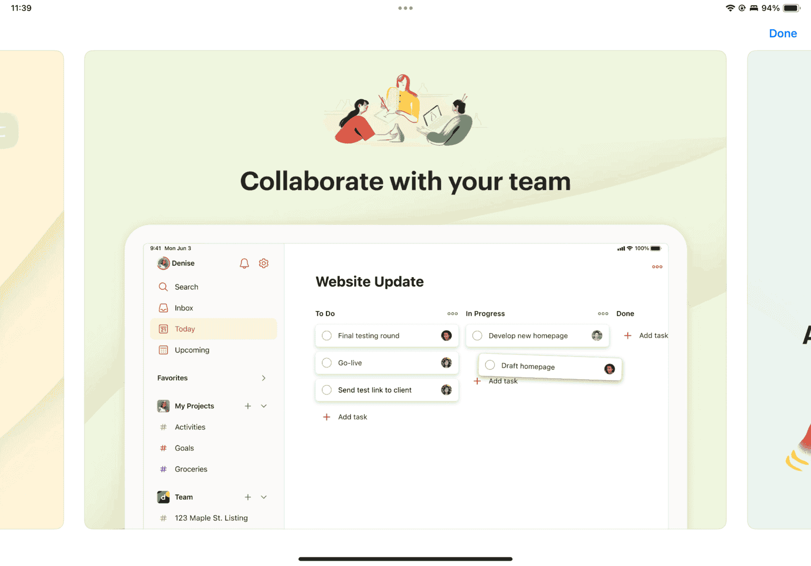 Todoist App-Eintrag auf einem iPad zeigt mehrere Screenshots in einer breiteren Galerieansicht