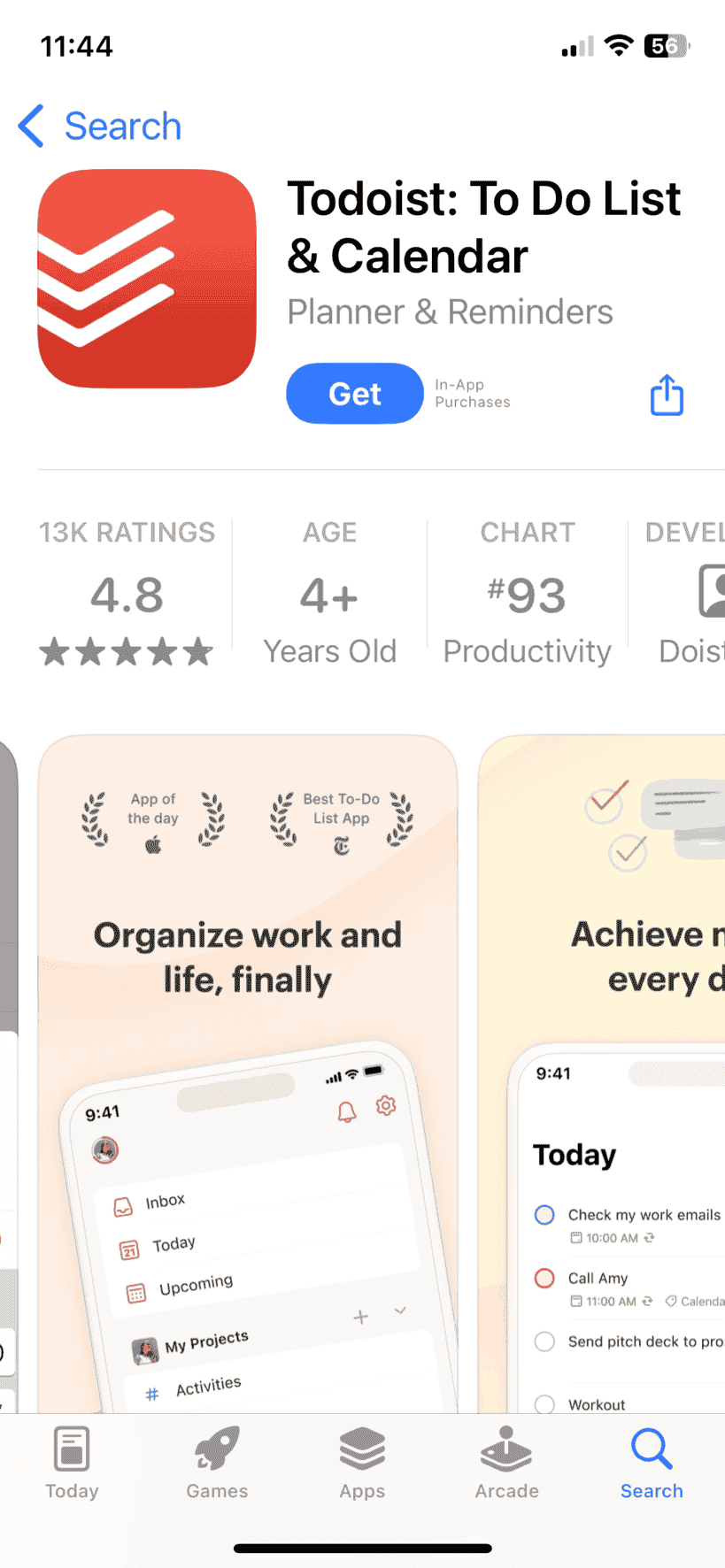 Todoist App im Apple App Store zeigt eine horizontale Galerie von App-Bildern, durch die Benutzer scrollen können