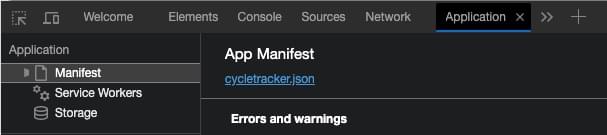 In den Entwicklertools enthält das linke Panel Links zum Manifest. Die rechte Seite zeigt App Manifest an, mit dem Dateinamen als Link zur JSON-Datei.