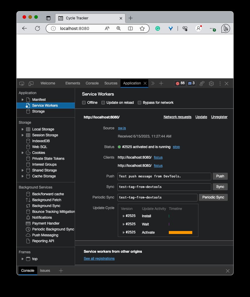 Edge-Entwicklungertools zeigt das Anwendungs-Panel mit einem Service Worker