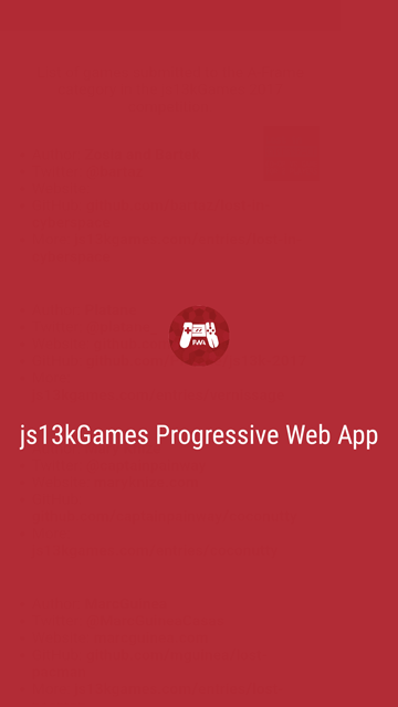 Screenshot des Begrüßungsbildschirms der App auf einem Mobiltelefon. Es ist eine völlig rote Seite mit dem Applikationslogo in der Mitte und dem Namen darunter: "js13kGames Progressive Web App"