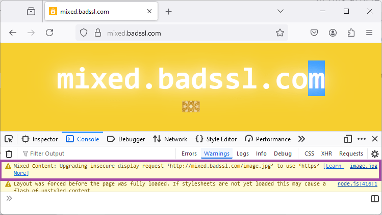 Screenshot der Webkonsole, die eine Upgrade-Warnung für gemischtes Inhaltsbild anzeigt.