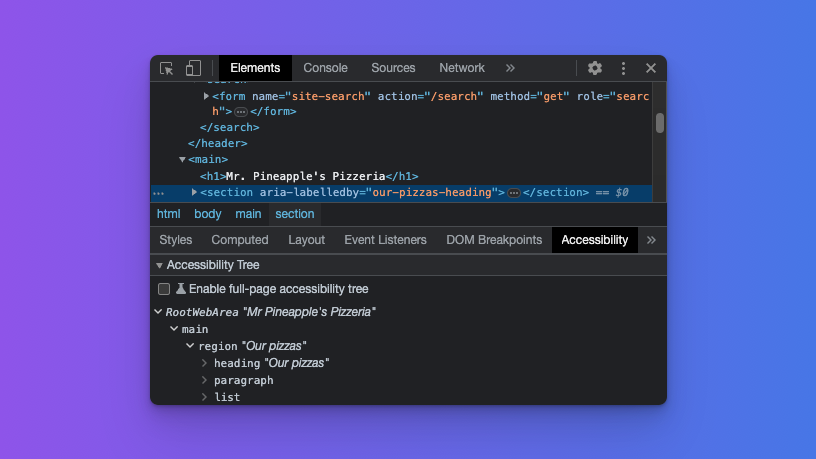 Shows the section element highlighted in the elements inspector. In the accessibility inspector the section is correctly identified as a region navigation role.