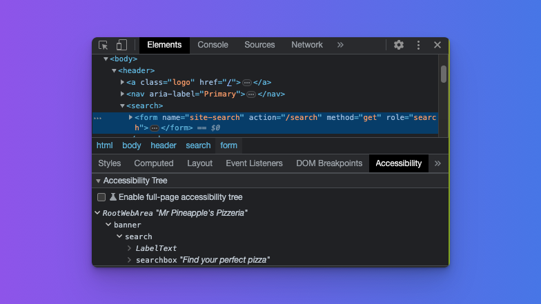 Shows the search form highlighted in the elements inspector. Below it shows the accessibility inspector identifying the element as a search navigation landmark.