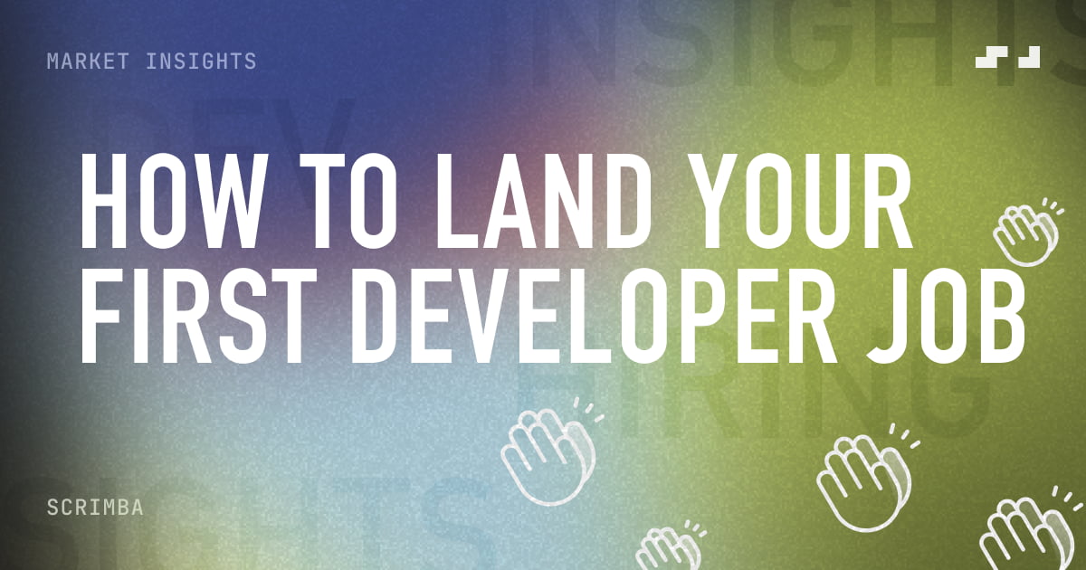 How to land your first developer job title. Hand-clapping icons on a colorful background.
