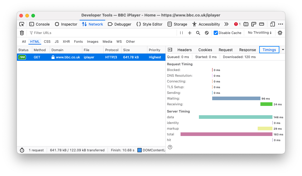 The 'Network > Timings' panel in Firefox developer tools.