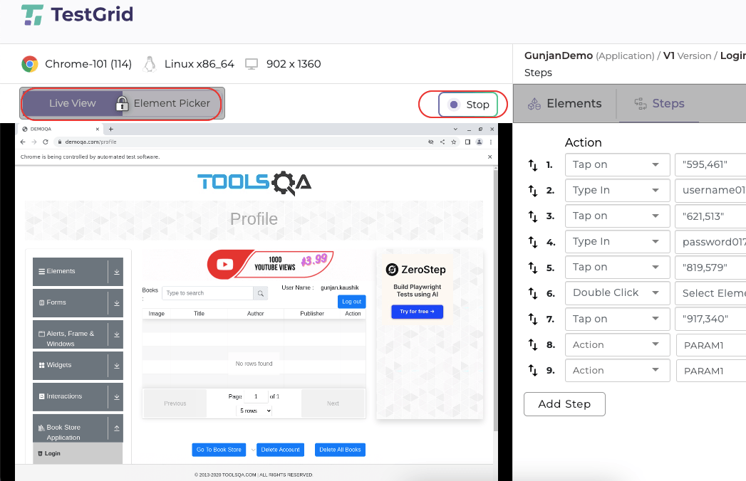 Screenshot of TestGrid's record and play dashboard