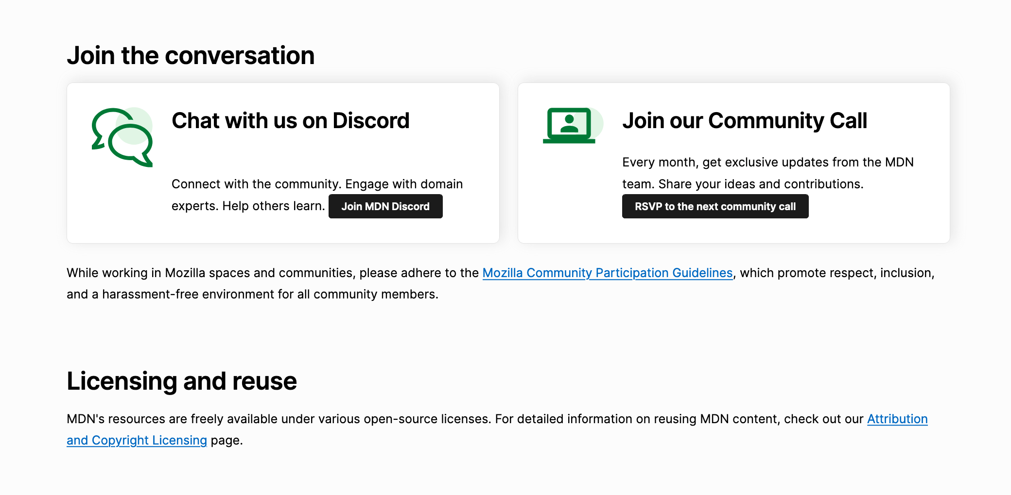 The Join the conversation section of the MDN Community page with options for contacting the community, and the licensing section at the bottom.