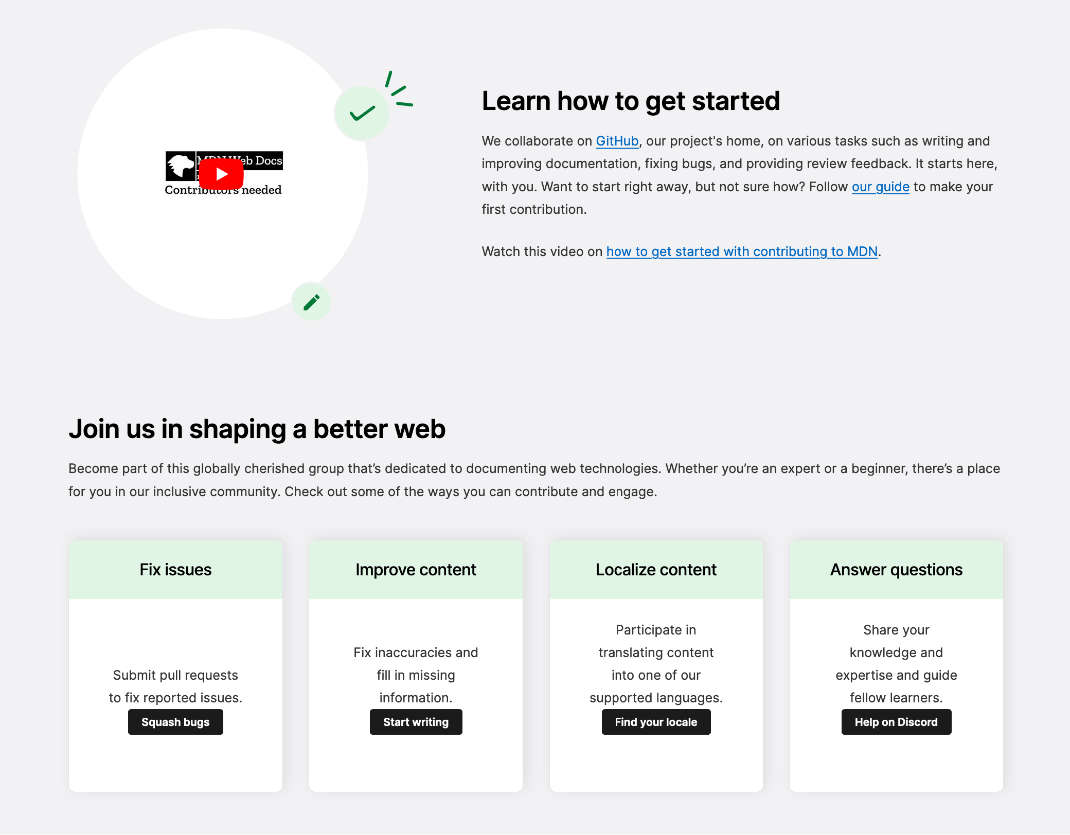 The Learn how to get started section of the MDN Community page with a video, description, and a list of options for how to contribute to MDN.