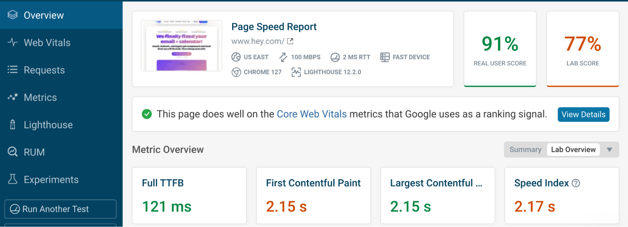 DebugBear website speed test result. The report shows some web performance metrics like time to first byte, largest contentful point, and others. The user interface also has a sidebar with links to a Lighthouse report, Experiments, and more.