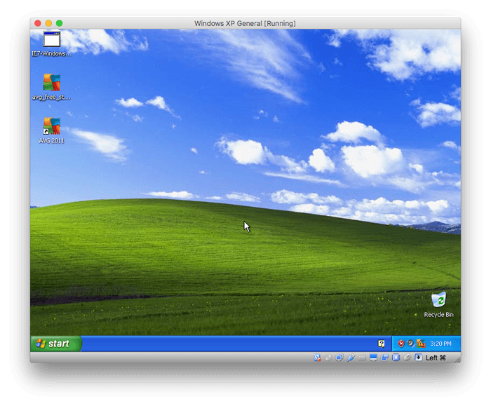 Screenshot of Windows XP, hosted in Virtual box, and running on macOS