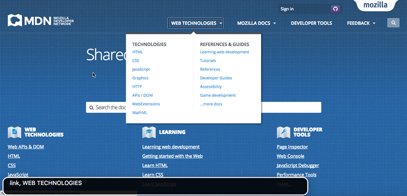 A sample screenshot demonstrating accessibility testing using VoiceOver on the MDN homepage. The bottom left of the image is a highlight of the information selected on the webpage.