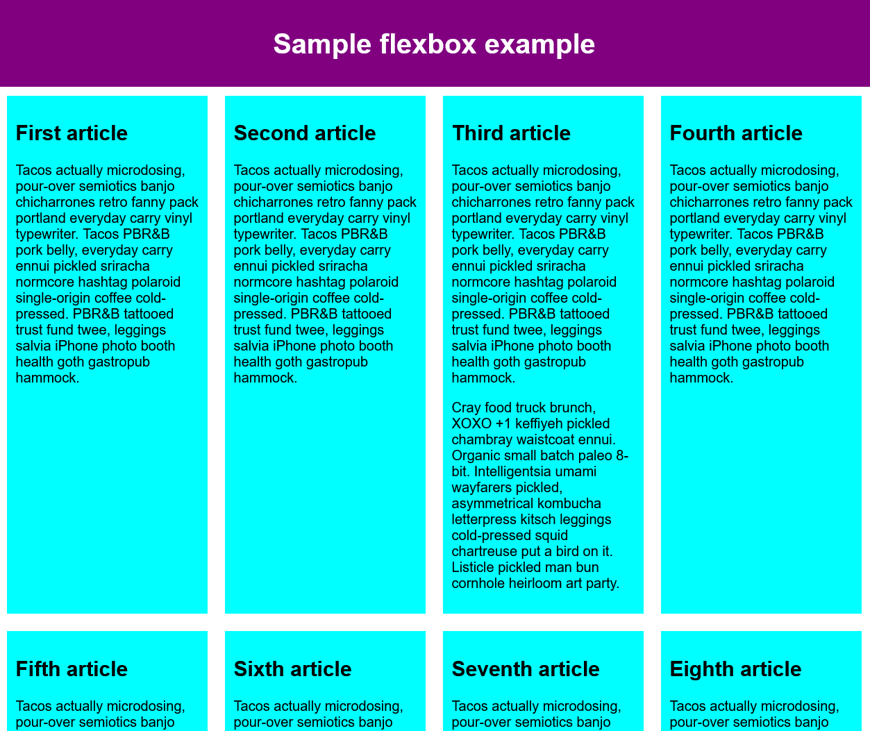 Flex items are laid out in multiple rows in the flex container. The flex-wrap property is set to 'wrap' in the flex container which displays the flex items in a new row if the flex items in the previous row overflow outside the flexbox container. Each flex item is given a width of 200 pixels. All the items are stretched to be the same height, as tall as the flex item with the most content.