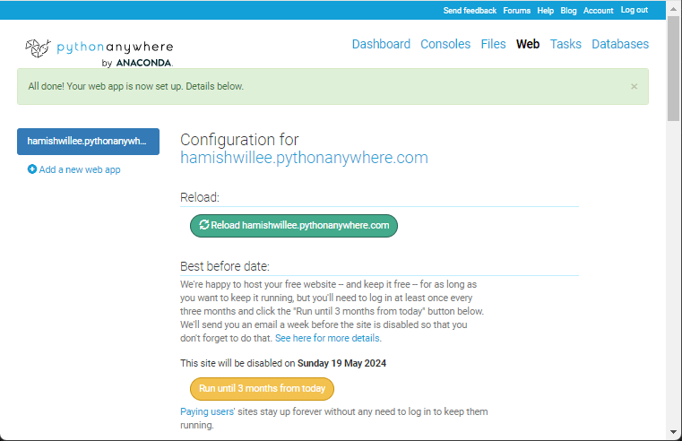 PythonAnywhere Configured Web app