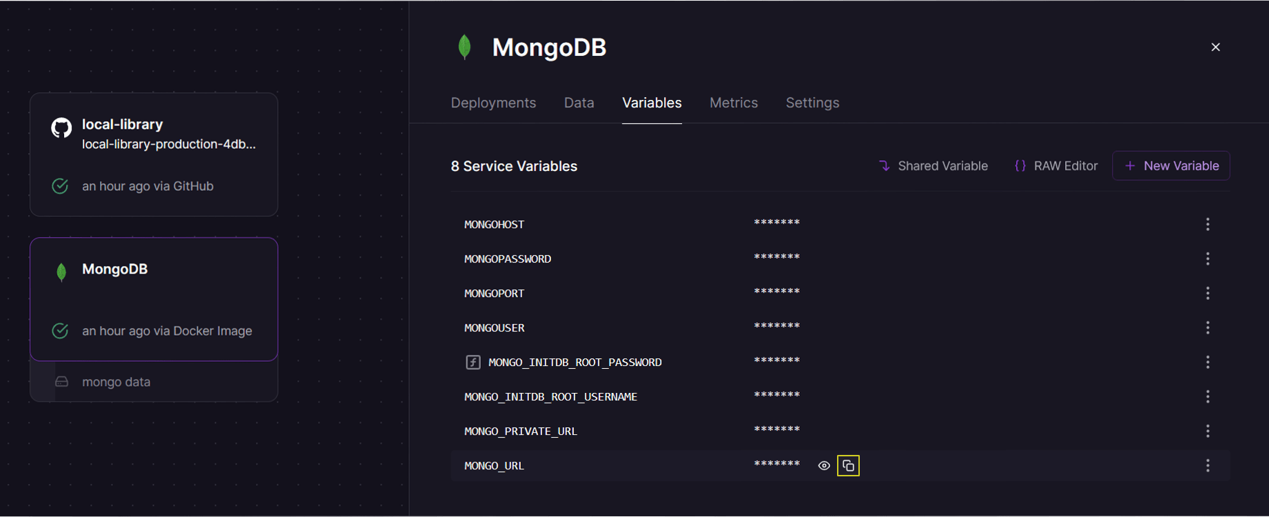 Railway database settings screen showing the URL needed to connect to the database