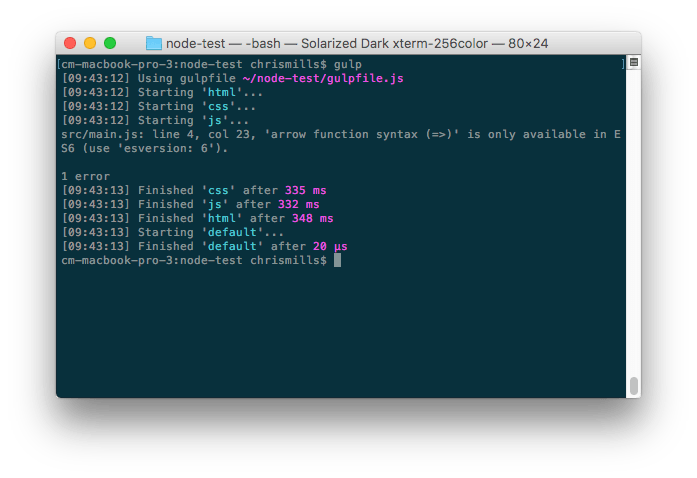 Output in a code editor where lines show the time tasks start or finish, the task name, and the duration of 'Finished' tasks.