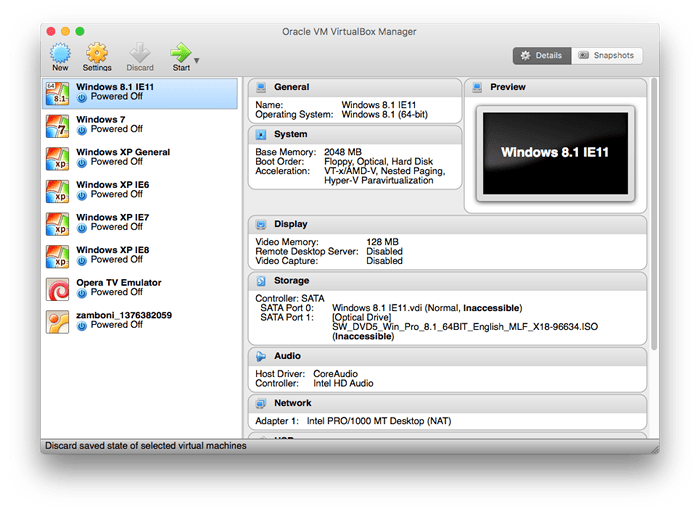 Application window left panel lists Windows operating system and Opera TV emulators. Right panel include several subpanels including general, system, display, settings, audio, network and a preview.