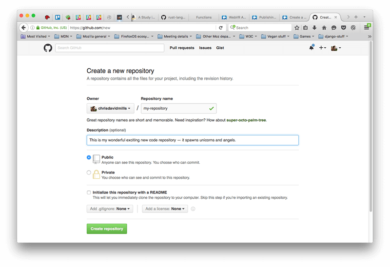 New repository page opened in browser, repository owner input and the repository name are filled, same for the optional description input. The public check-box is selected, the private check-box is not, same goes for the initialize this repository with a readme.