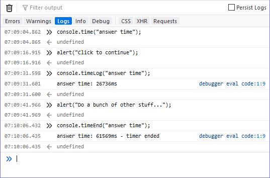 Timer output in Firefox console