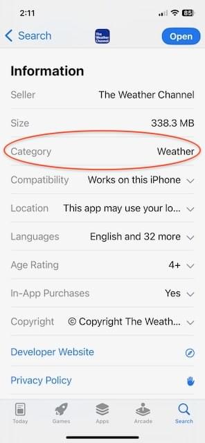 Weather app Information section with the Category field circled in red showing Weather