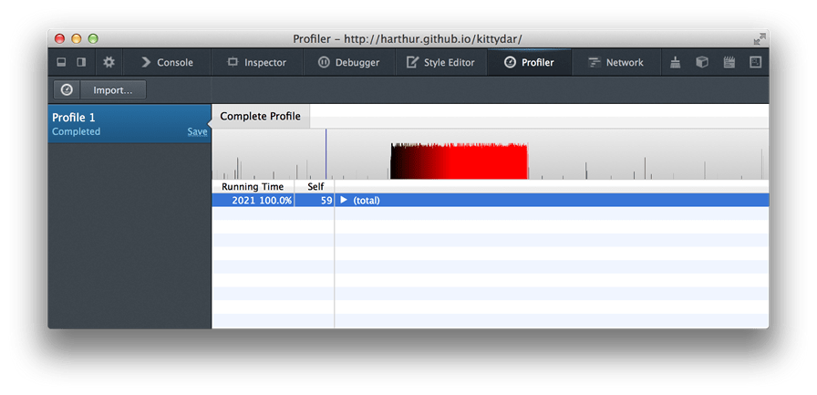 The Firefox JavaScript profiler showing a completed profile 1.