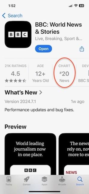 BBC app overview in Apple App Store. CHART field is circled in red to show News category.