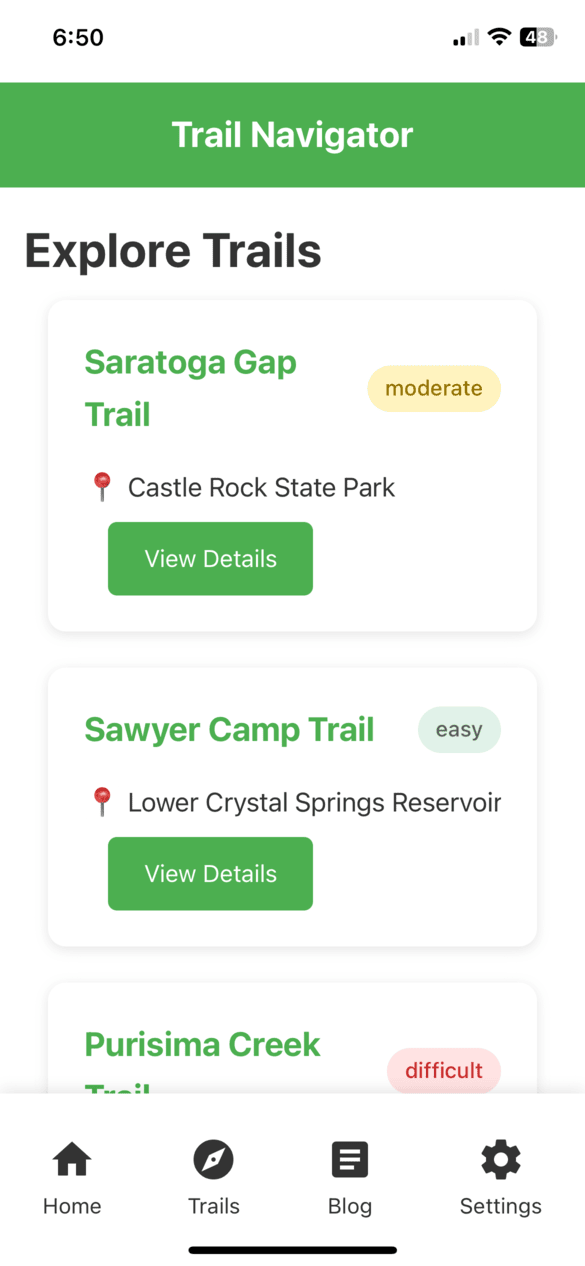 Trail listing page showing app-like interface without browser controls