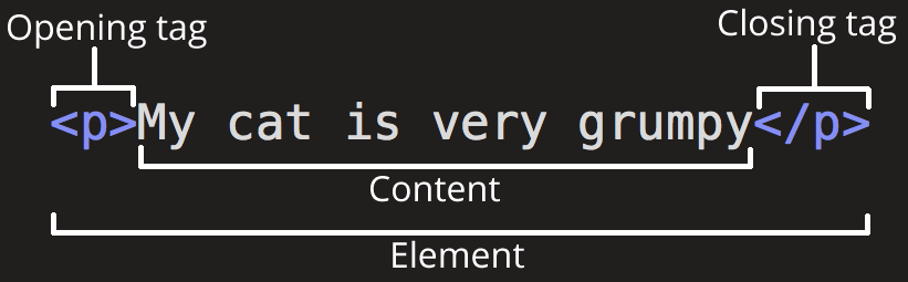 Un fragmento de código de ejemplo que demuestra la estructura de un elemento html.<p> Mi gato es muy gruñón</p>.