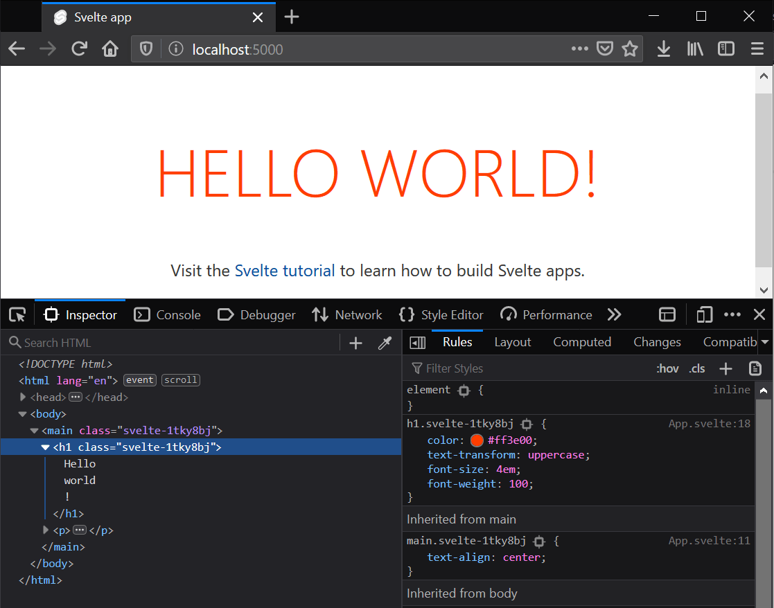 Aplicación inicial de Svelte con las herramientas de desarrollador abiertas, mostrando las clases para los estilos locales