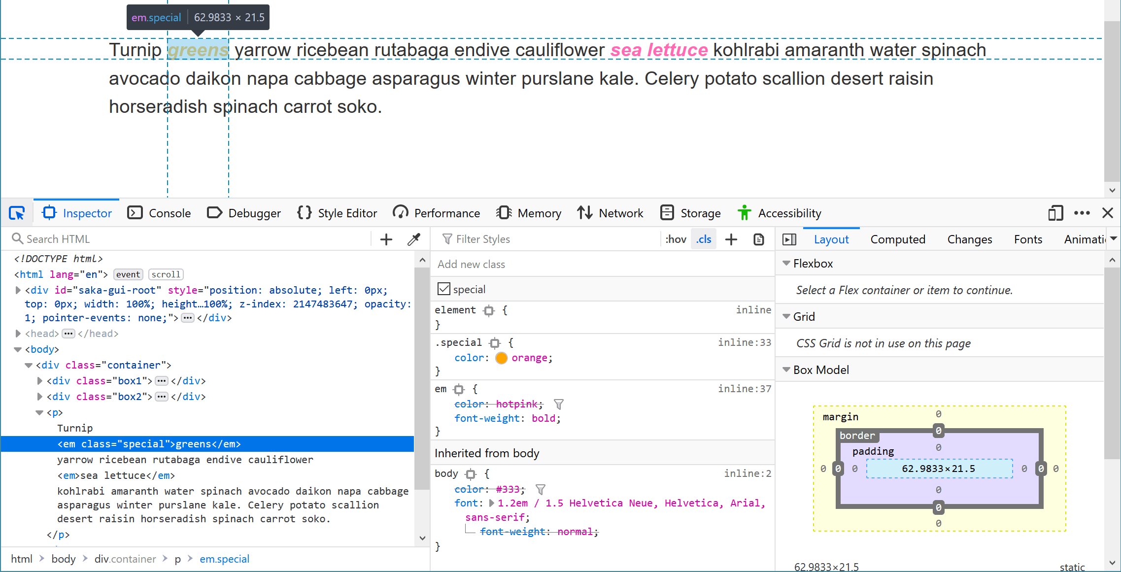 Sélectionner un élément em et consulter les outils de développement afin de déterminer ce qui surcharge la couleur.