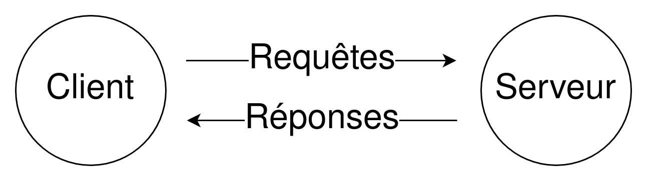 Deux cercles, le premier représentant un client et le deuxième un serveur. Une flèche libellée « requêtes » va du client au serveur, et une flèche libellée « réponses » va du serveur jusqu'au client.