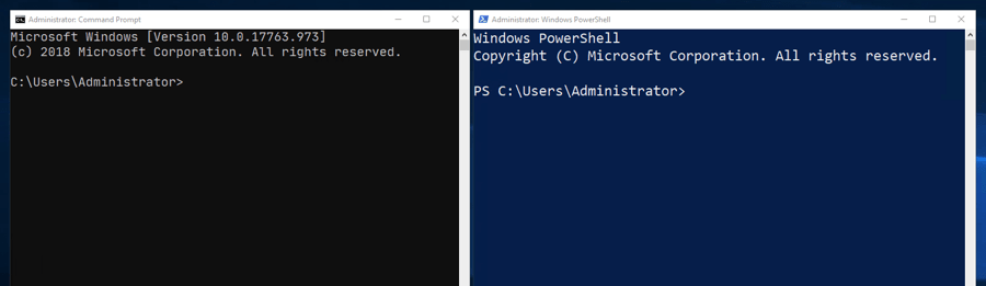 A vanilla windows cmd line window, and a windows powershell window