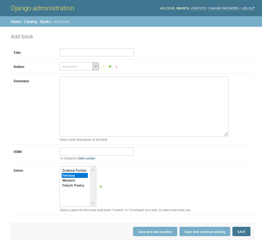 Écran d'administration du site - Ajout d'un livre