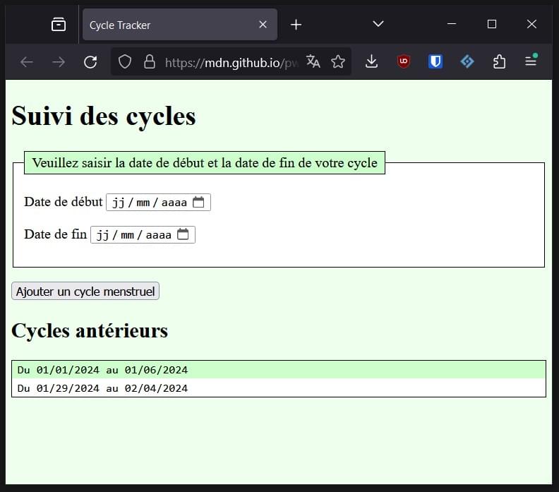 Capture d'écran de la page web où on voit le fond coloré en vert clair, un formulaire avec une légende, deux sélecteurs de date et un bouton. La section inférieure affiche des données fausses pour deux cycles menstruels ainsi qu'un titre.