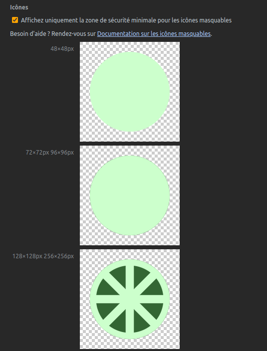 Les quatre icônes incluses dans le manifeste, avec l'arrière-plan retiré car l'option « Affichez (sic) uniquement la zone de sécurité minimale pour les icônes masquables » est cochée.