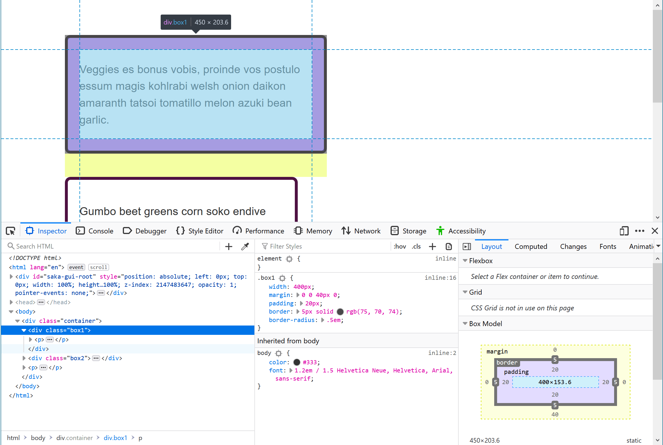 開発者ツールを開いたこのチュートリアルのサンプルページ。