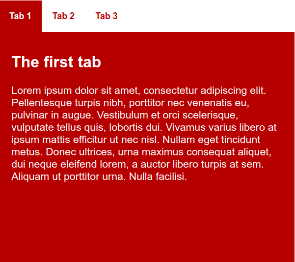 Tab 1 が選択されています。 'Tab 2' と 'Tab 3' は他の 2 種類のタブです。選択されたタブのコンテンツだけが表示されます。タブが選択されると、タブの文字色が黒から白に、背景色がオレンジレッドからサドルブラウンに変わります。