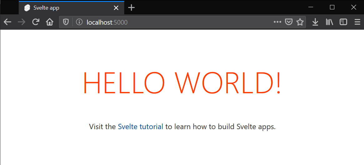 hello world と書かれたシンプルなスタートページ、下部には公式の svelte チュートリアルへのリンクがある