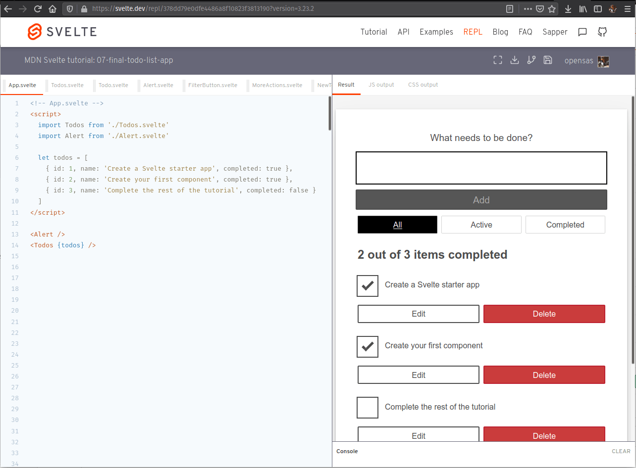 動作中の Svelte REPL、それぞれ左側に表示されるのがコンポーネントコード、右側が出力結果