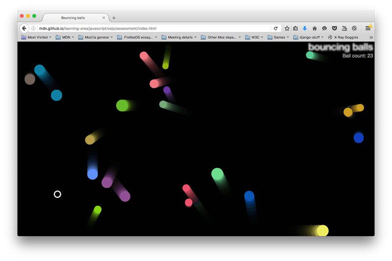 バウンシングボールのデモページのスクリーンショット。色のついたボールの他に白抜きの円が見え、見出しの下に "Ball count:23" と表示されている。