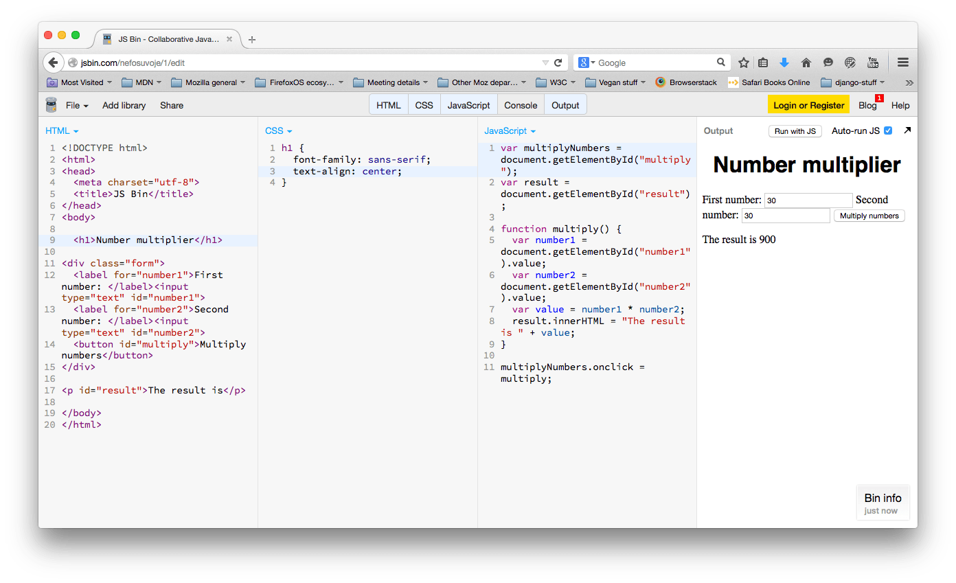 JS Bin のウェブベースの IDE のスクリーンショット