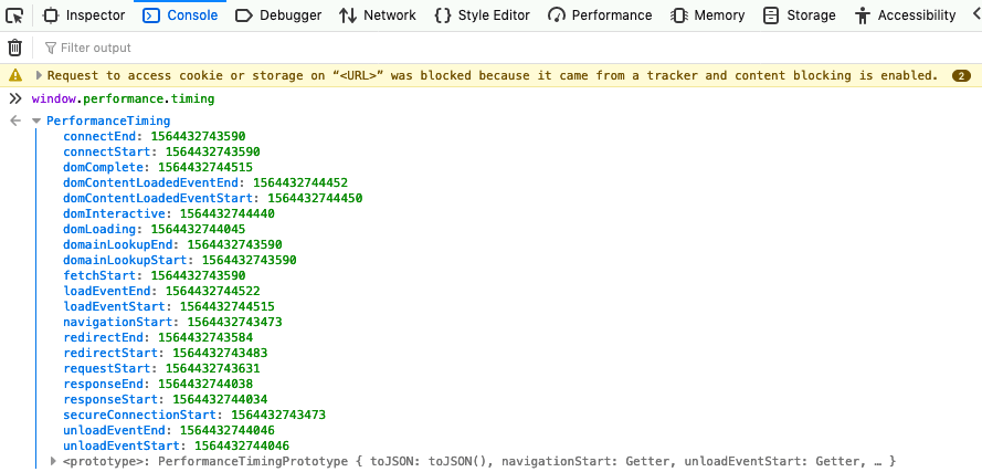 コンソールに window.performance.timing と入力すると、 PerformanceNavigationTiming インターフェイスのすべての時刻が表示されます。