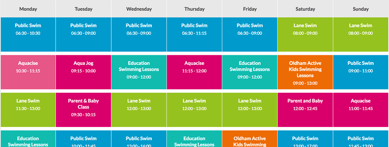 A swimming timetable showing a sample data table