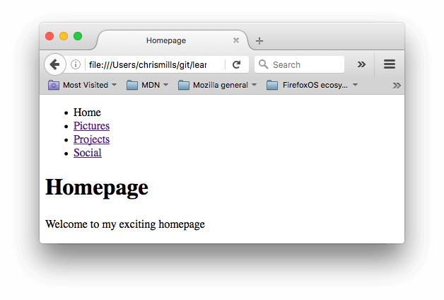 An example of a simple HTML navigation menu, with home, pictures, projects, and social menu items