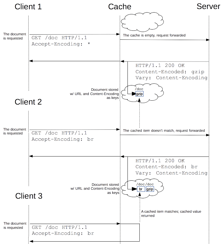 The Vary header leads cache to use more HTTP headers as key for the cache.