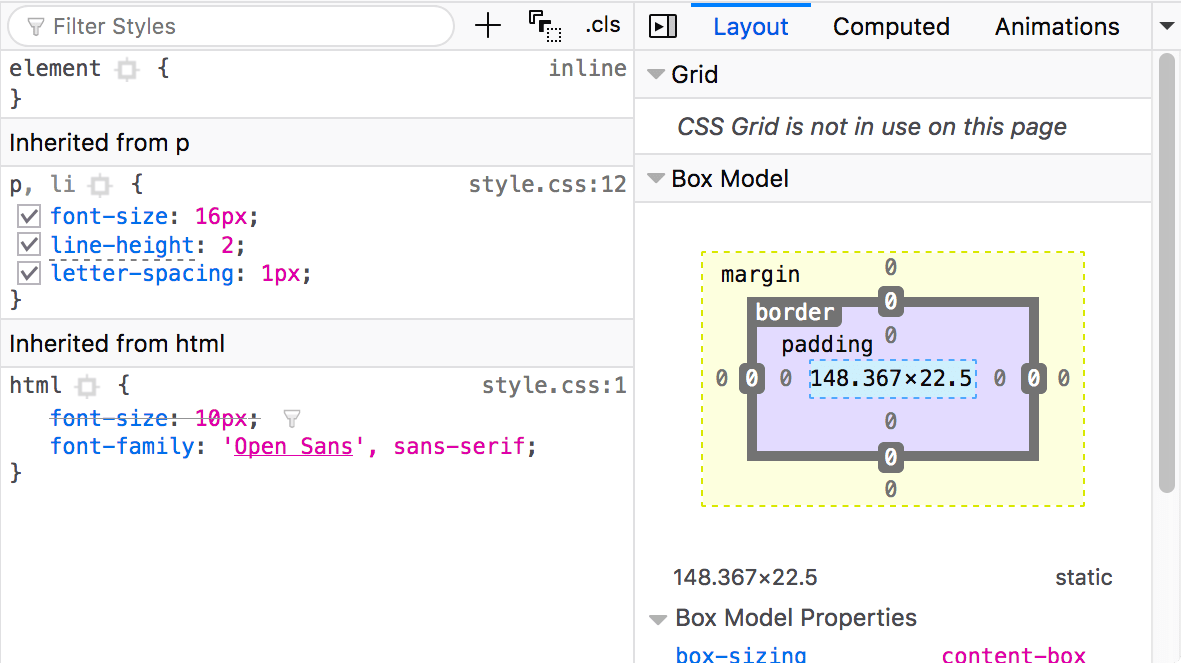 在浏览器开发者工具中，可以看到 CSS 面板和布局面板的代码片段，它们与 HTML 编辑器相邻。默认情况下，CSS 编辑器显示应用于 HTML 编辑器中当前选定元素的 CSS 规则。布局面板显示所选元素的盒模型属性。