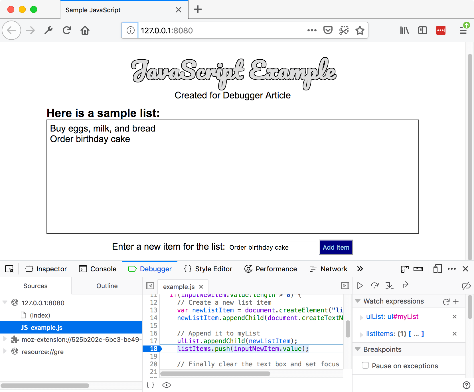 一个在本地端口 8080 上提供的测试网站。开发者工具子窗口已打开。JavaScript 调试器标签页被选中。它允许你观察变量的值并设置断点。从源代码窗格中选择了一个名为“example.js”的文件。在文件的第 18 行设置了一个断点。
