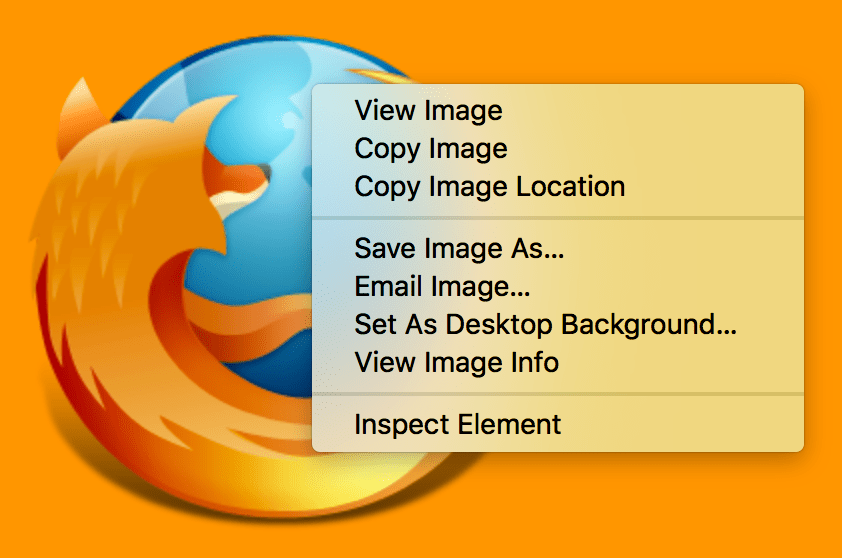 在一个示例网站中，将 Firefox 标志作为 DOM 元素显示出来，并显示上下文菜单。当右键单击网页上的任何项目时，会出现上下文菜单。菜单的最后一个项目是“Inspect element”。